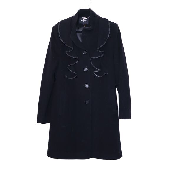 7 FOR ALL MANKIND Ruffle Trim Wool and Leather Coat Black Front Button Women's L - Picture 1 of 11